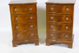 A pair of mahogany serpentine front four drawer chests, raised on bracket supports, 46 x 37 x 75cm
