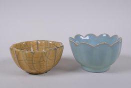 A Chinese Ru-ware style petal shaped tea bowl, and a yellow ground Ge-ware tea bowl with lobed