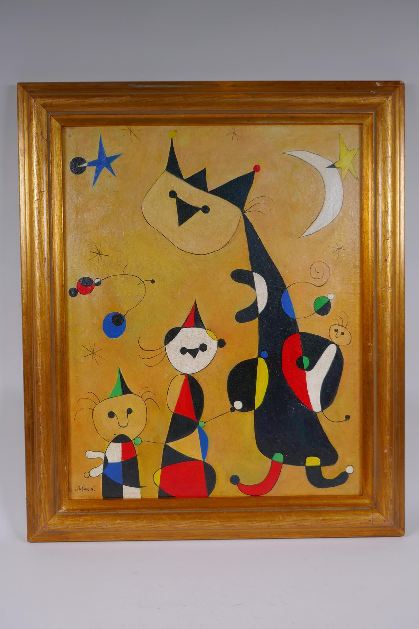 In the manner of Joan Miro, (Spanish, 1893-1983), surrealist abstract of cats, oil on canvas laid on - Image 2 of 4