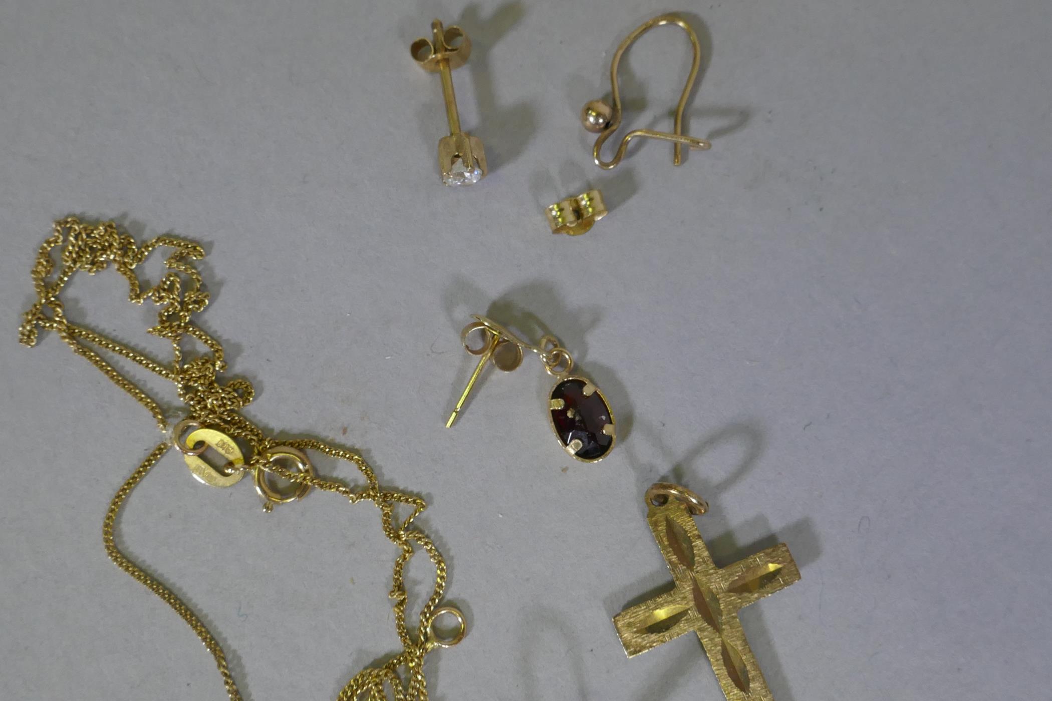 9ct gold, three crucifix, chains and hoop earrings, studs and pendants, 7.7g weighable gold, 9.4g - Image 4 of 4