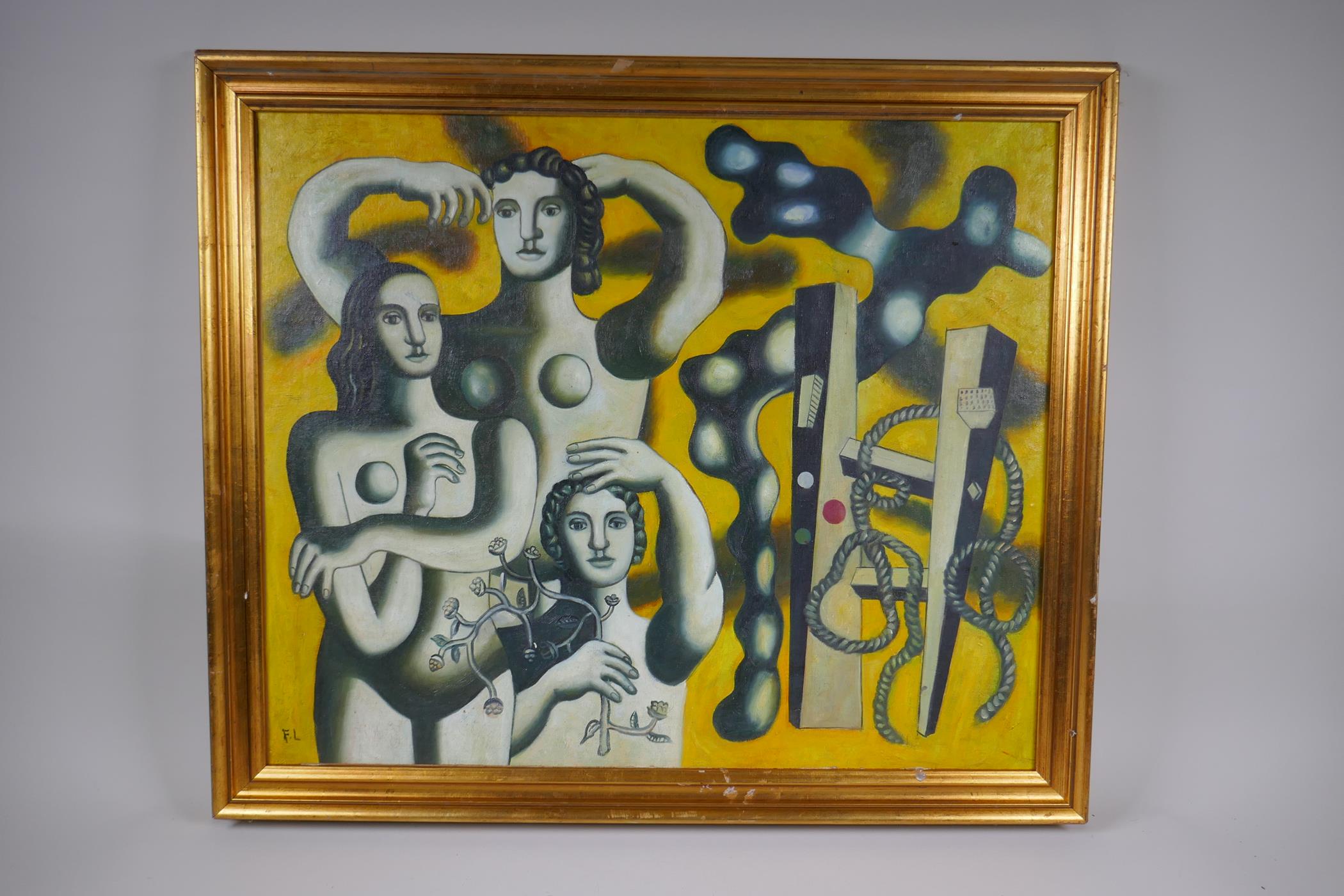 In the manner of Fernand Leger, (French, 1881-1955), composition with three figures, oil on - Image 2 of 4