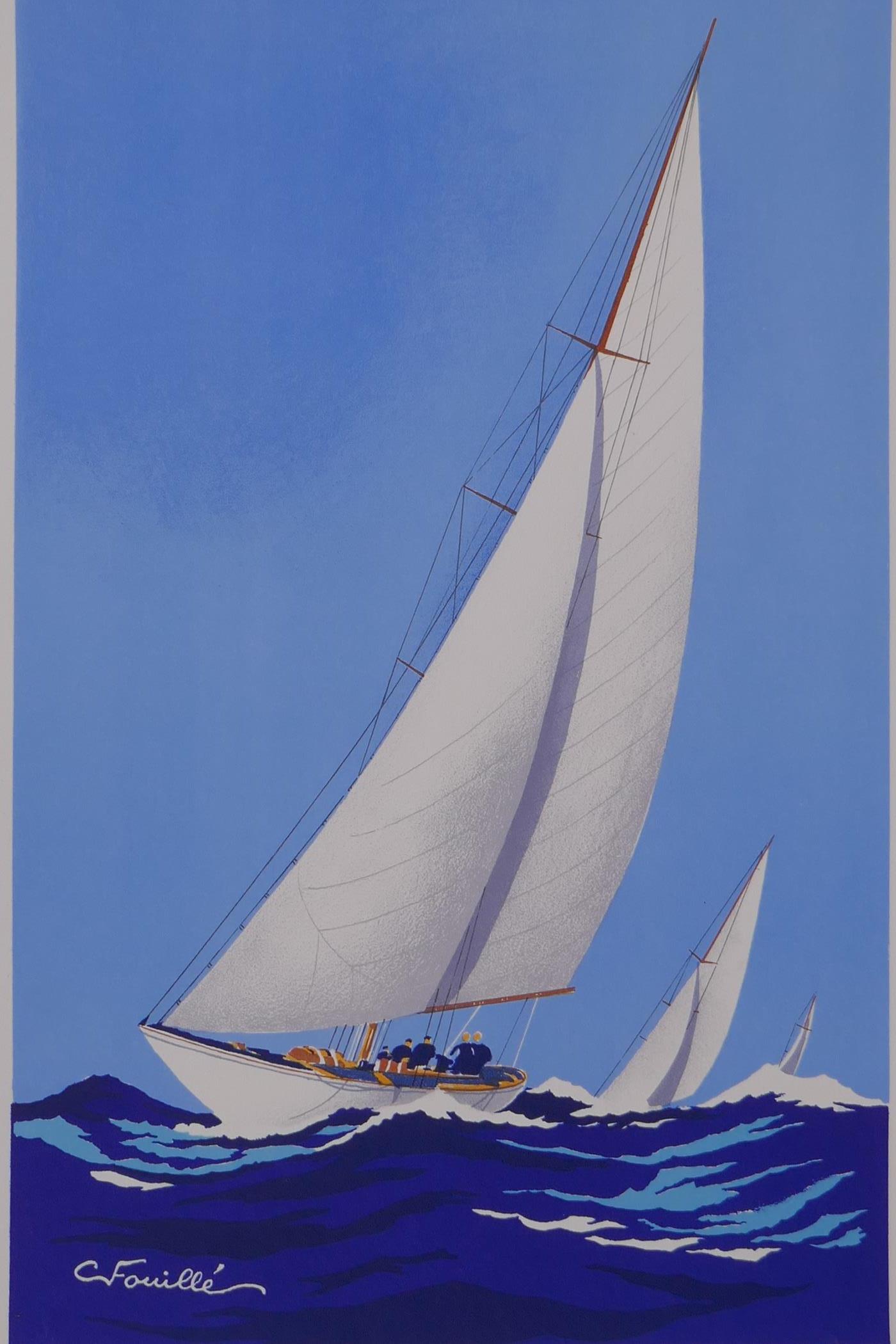 Georges Fouille, racing yachts, signed in the plate, unframed lithograph, 55 x 38cm including full