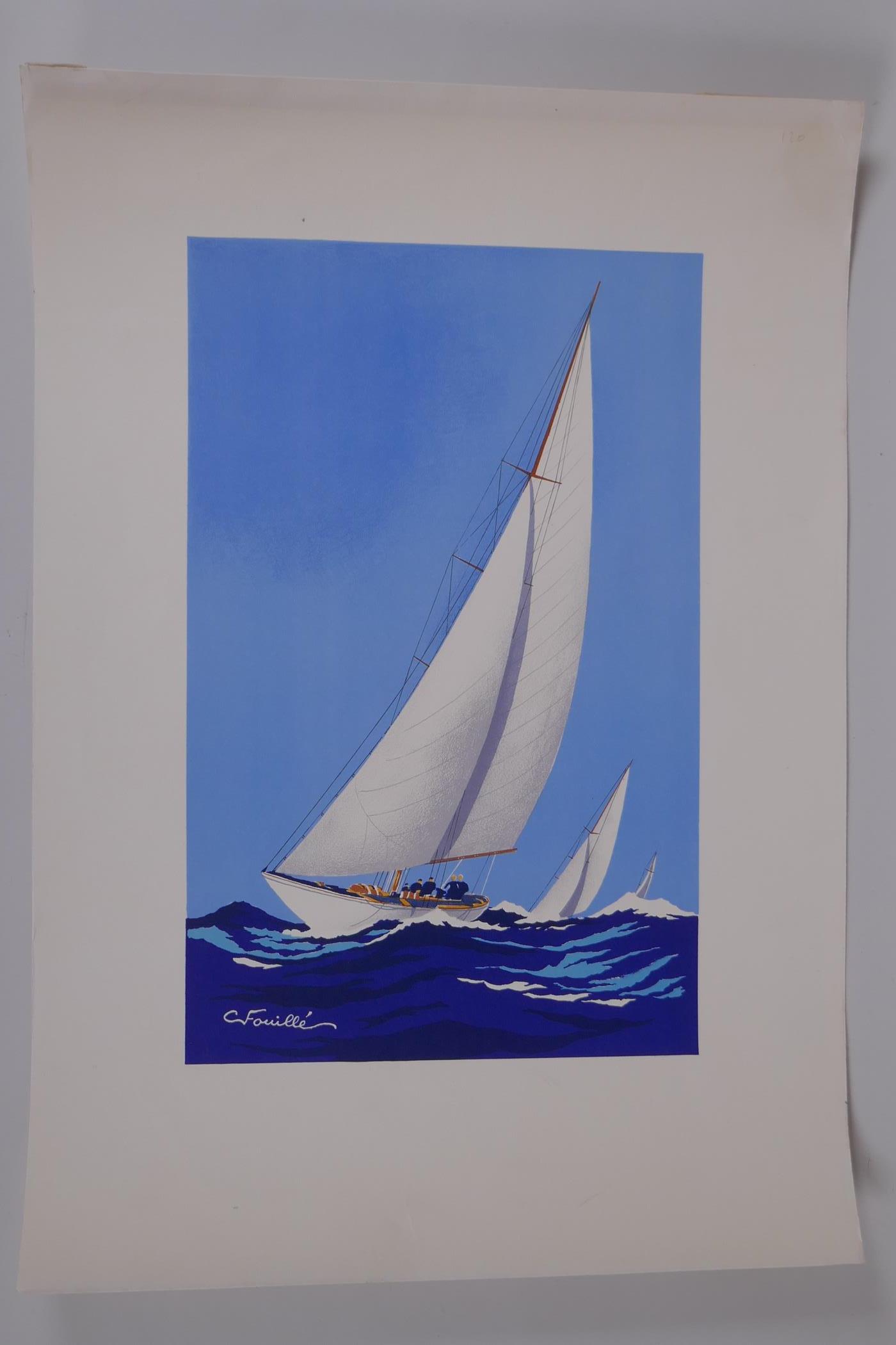 Georges Fouille, racing yachts, signed in the plate, unframed lithograph, 55 x 38cm including full - Image 2 of 3