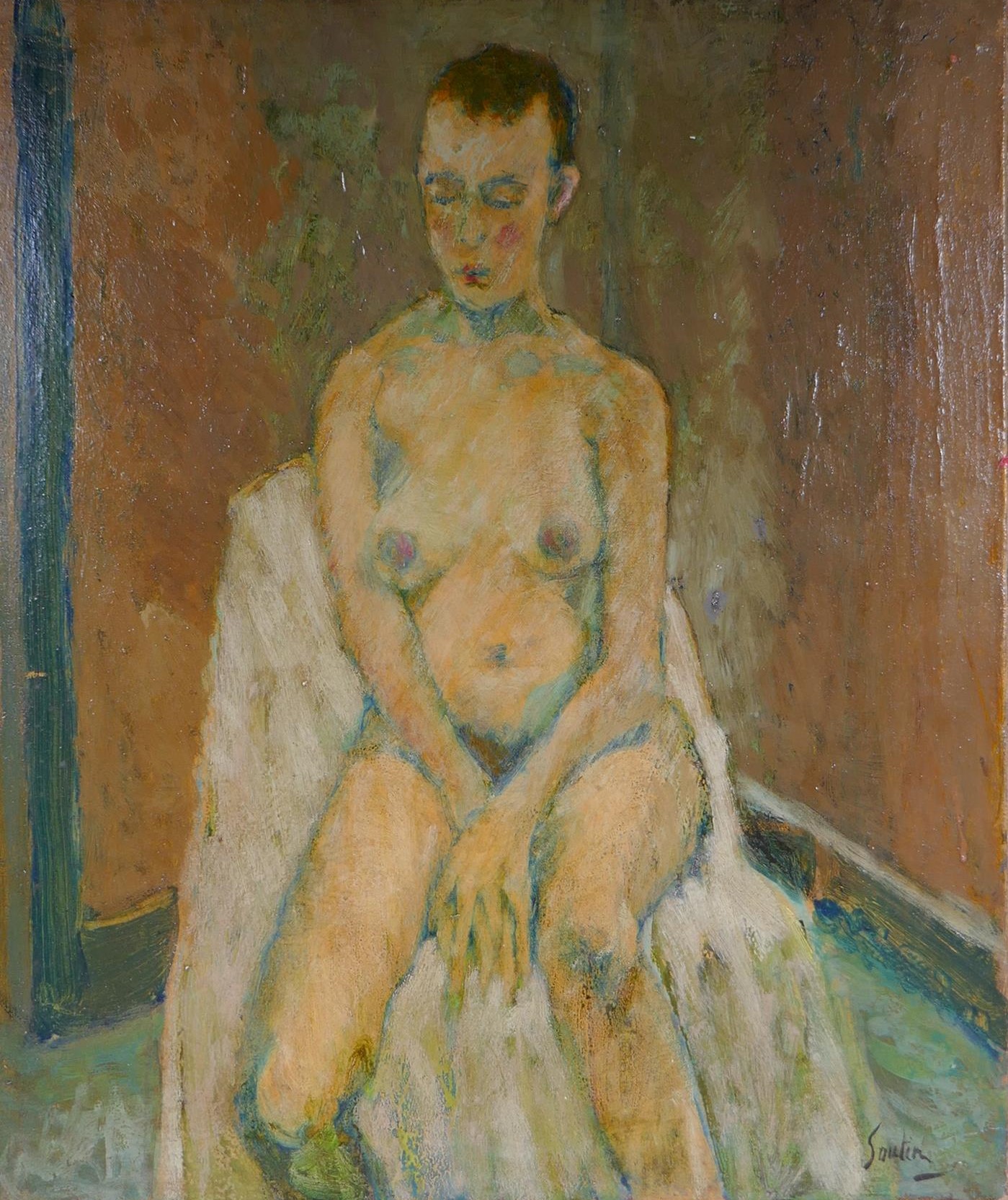 In the style of Chaim Soutine, (French, 1893-1943), female nude, oil on canvas, unframed, 55 x 64cm