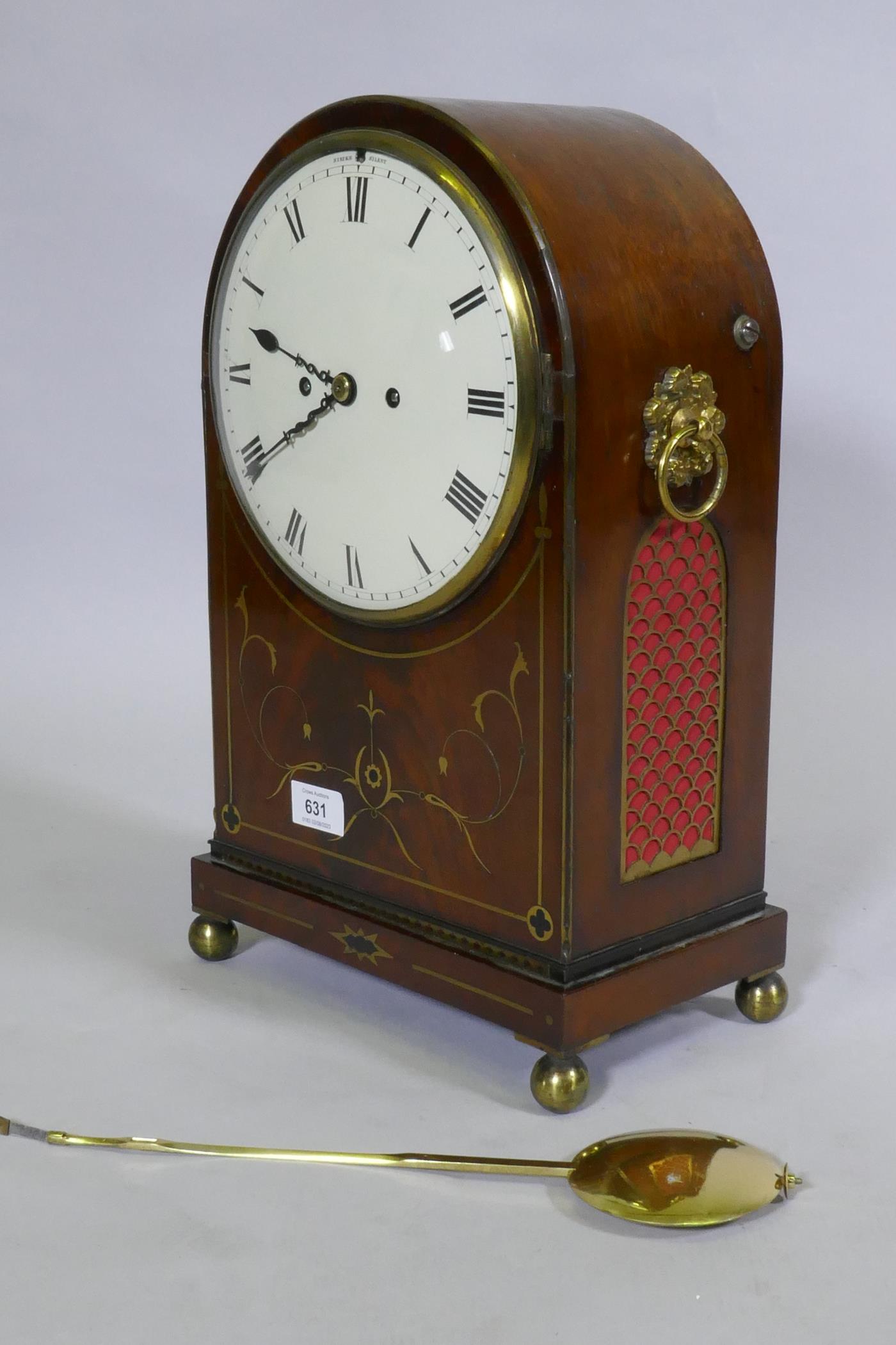 An early C19th mahogany bracket clock, the dome shaped case with brass inlaid decoration, ring - Image 5 of 9
