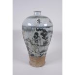 A Chinese blue and white crackle glazed pottery meiping vase, decorated with figures in a landscape,