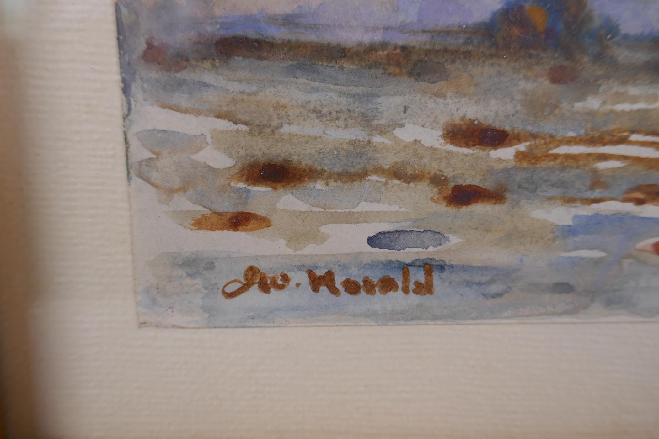 Watercolour sketch of boats in a coastal inlet, signed J.W. Herald, 18 x 25cm - Image 3 of 3