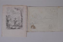 Figures in a landscape with angel above, C17th/C18th ink and wash drawing, and figures in a