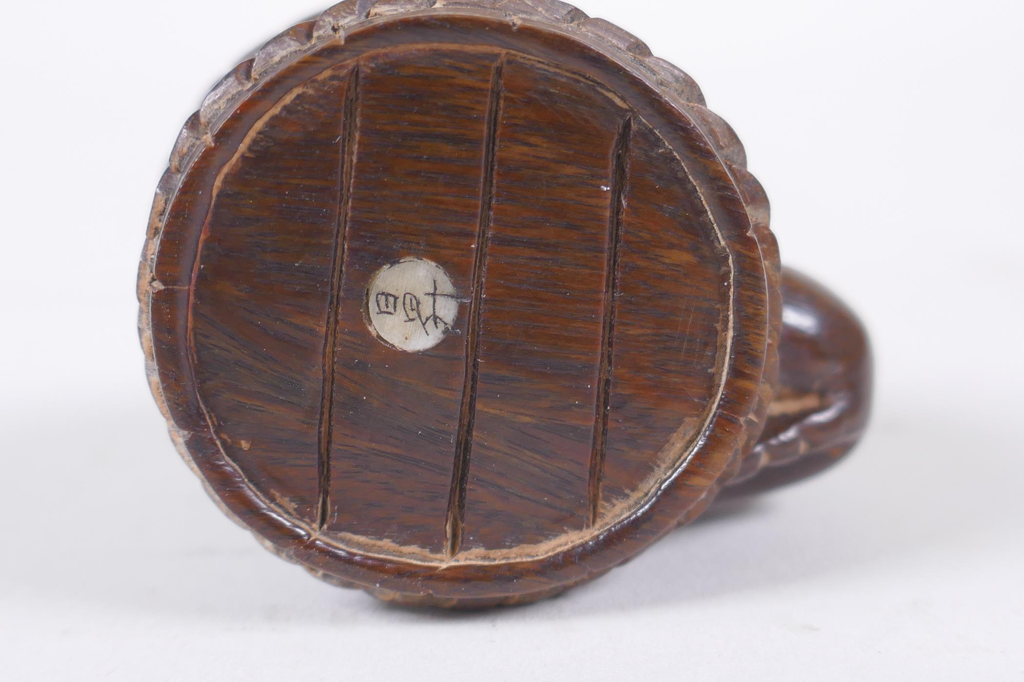 A Japanese carved hardwood okimono in the form of rats on a barrel, the base with inset signed - Image 4 of 4