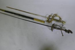 A dress sword with brass hilt and scabbard, 93cm long, and another