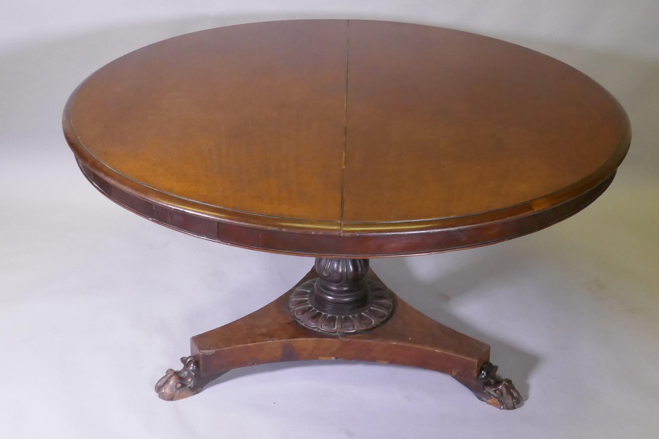 A Victorian mahogany tilt top breakfast table, with carved column and triform platform base raised - Image 3 of 3