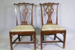 A good pair of C18th  Chippendale provincial style elm side chairs with pierced back splats,