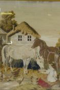 A C19th tapestry depicting a farmyard scene, 59 x 69cm