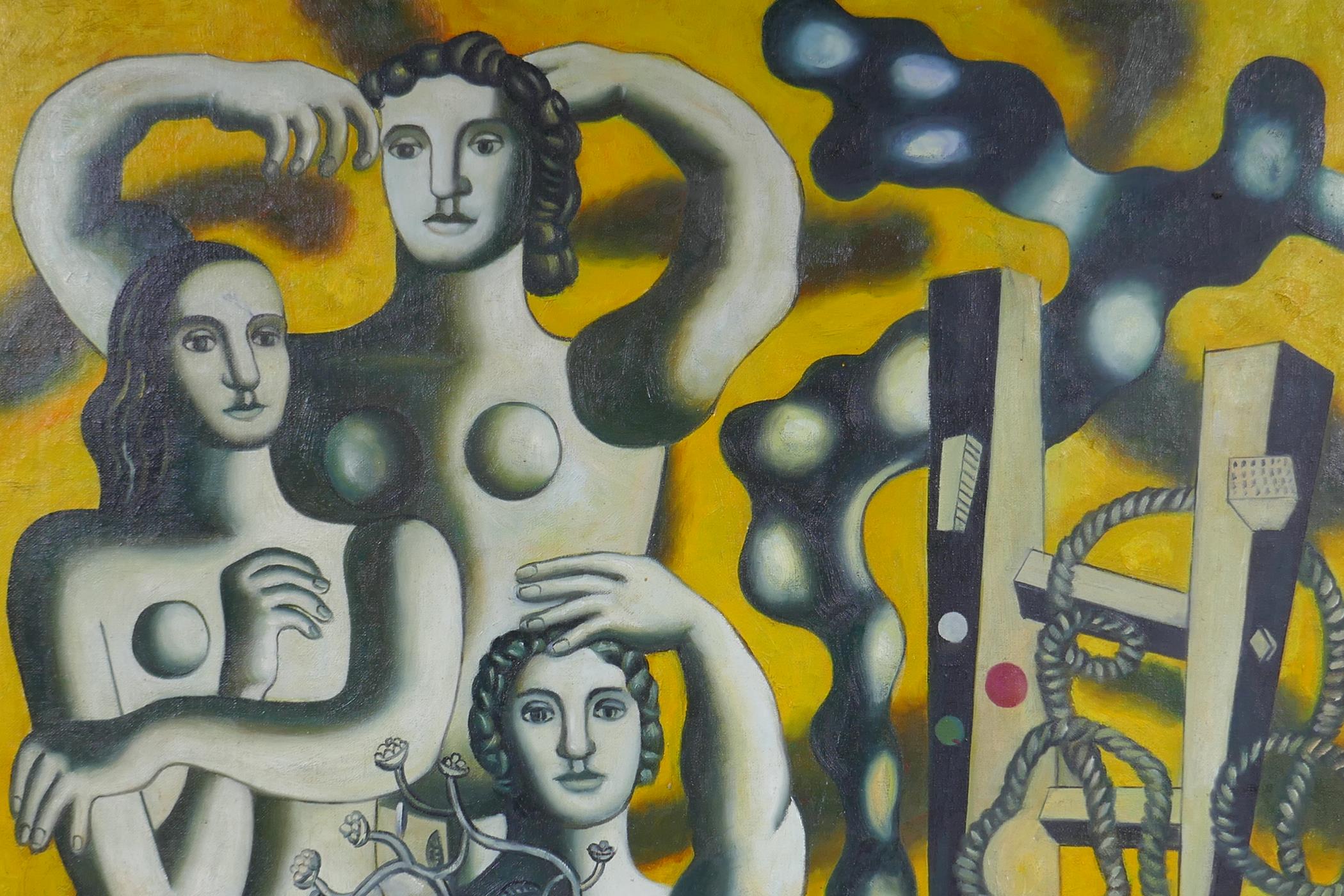 In the manner of Fernand Leger, (French, 1881-1955), composition with three figures, oil on