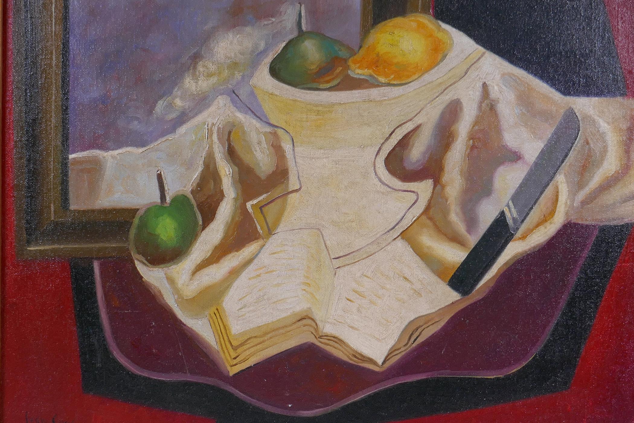 In the manner of Juan Gris, (Spanish 1887-1927), Cubist still life, oil on canvas board, 50 x 40cm