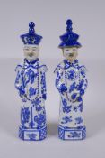 A pair of Chinese Qing Dynasty blue and white porcelain figures, impressed marks to base, 29cm high