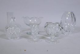 A pair of Waterford crystal glass dwarf candlesticks, 8cm high, a Stephens glass vase, Dartington