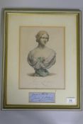 Jenny Lind, an autographed colour lithograph after the bust by J. Durham, framed with a