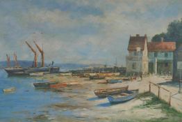 Boats moored on the Thames Estuary, initialled E.S. (Edward Scrope Shrapnel?), oil on board, with