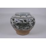 A Chinese blue and white crackleware pottery vase with phoenix and lotus flower decoration,