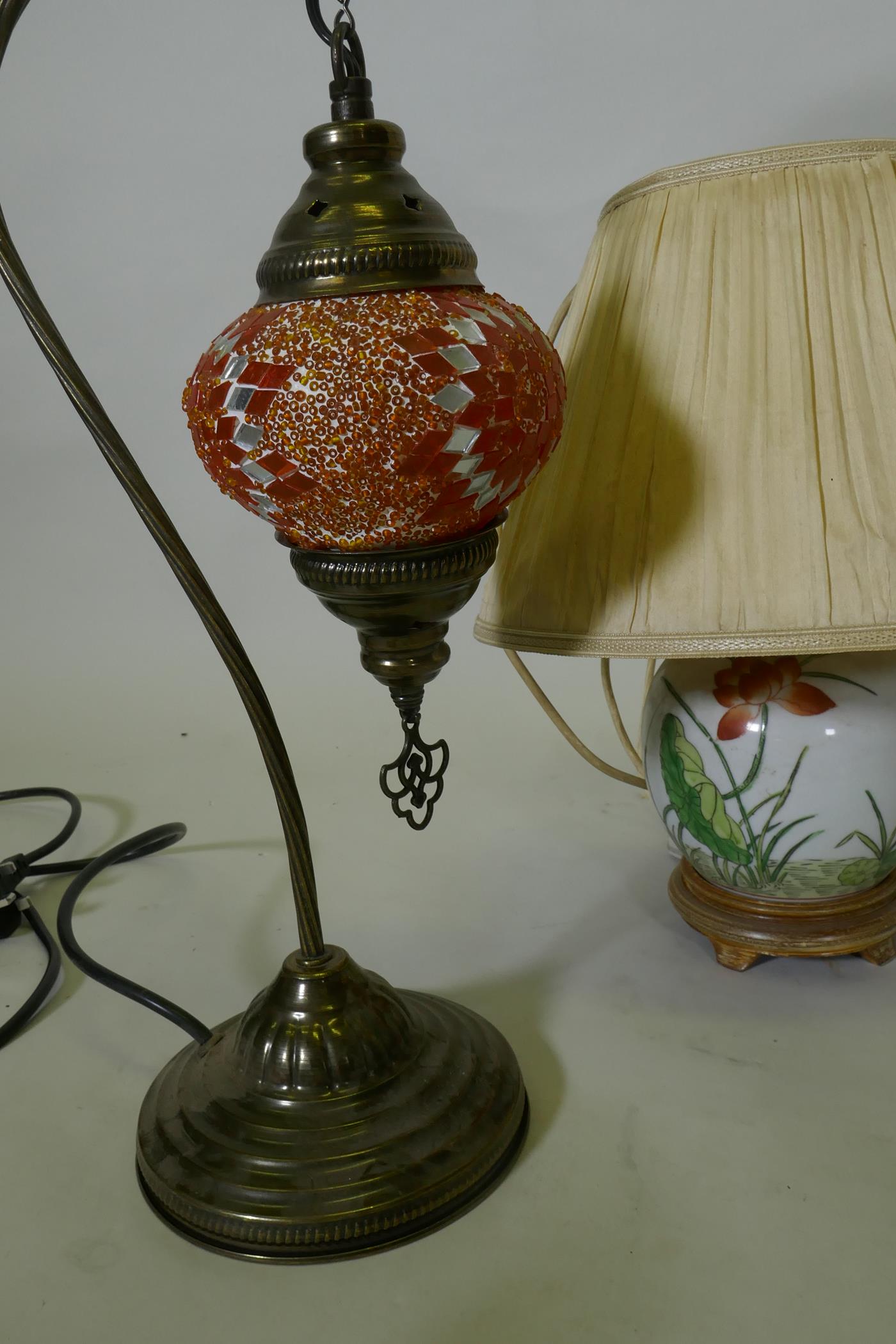 Two oriental porcelain table lamps, three brass Art Nouveau style with lamps Tiffany style shades, a - Image 4 of 5