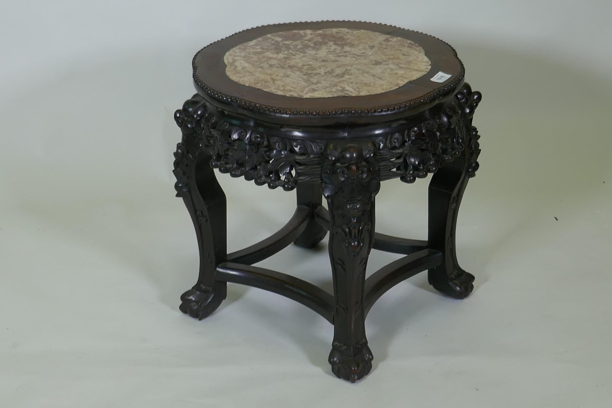 A Chinese hardwood jardiniere stand with shaped top inset with pink marble, with carved and - Image 3 of 3