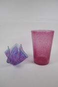 An Art Glass handkerchief vase by Sarah Broadhead, together with a pink bubble effect glass vase,