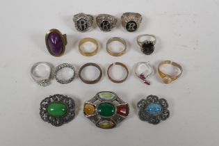 Three vintage white metal signet rings marked with R & K, together with ten other dress rings and