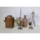 An antique GWR copper water cistern, 32cm high, brass whale oil lamp, copper gallon can etc