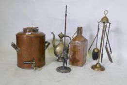 An antique GWR copper water cistern, 32cm high, brass whale oil lamp, copper gallon can etc