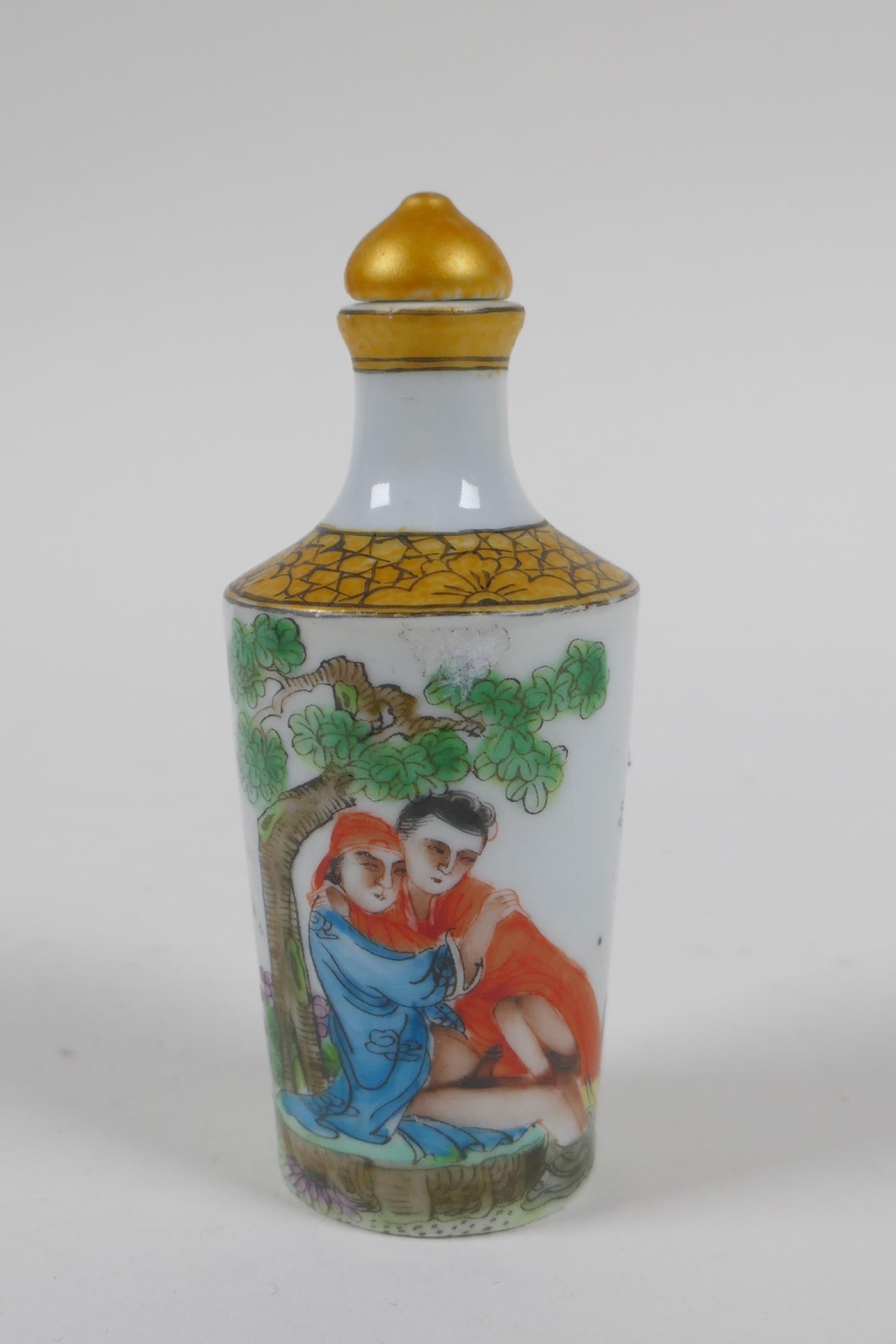A Chinese polychrome porcelain snuff bottle, decorated with an erotic scene, 3 character mark to