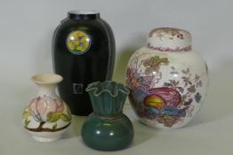 A Carltonware black ground vase with oriental style decoration, 26cm high, Mason's jar and cover,