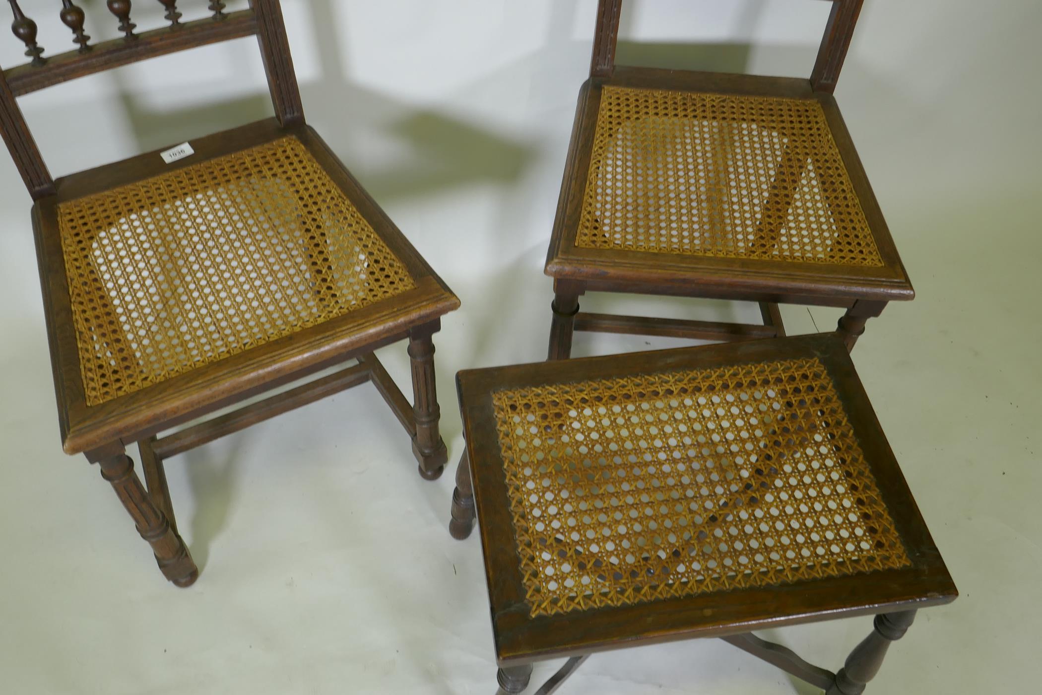 A pair of C19th French oak side chairs with cane seats and backs, and a stool - Image 3 of 3