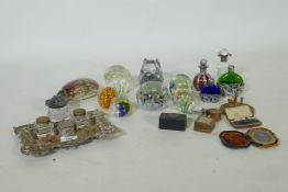 Charles Sorrels studio glass paperweight, 12cm long, seven more, scent bottles, one with