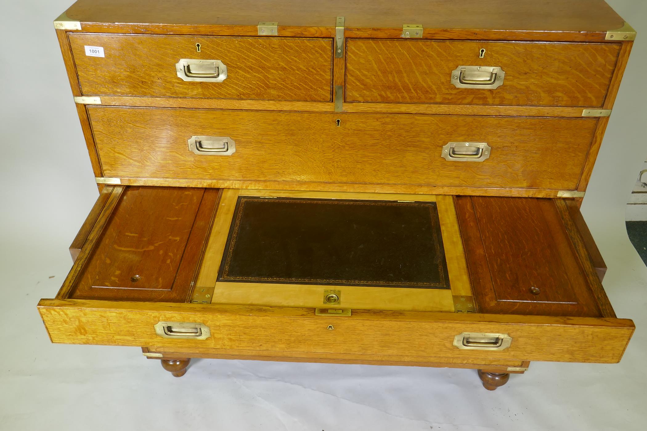 A fine late C19th/early C20th golden oak secretaire campaign style chest of two sections, the - Image 3 of 9