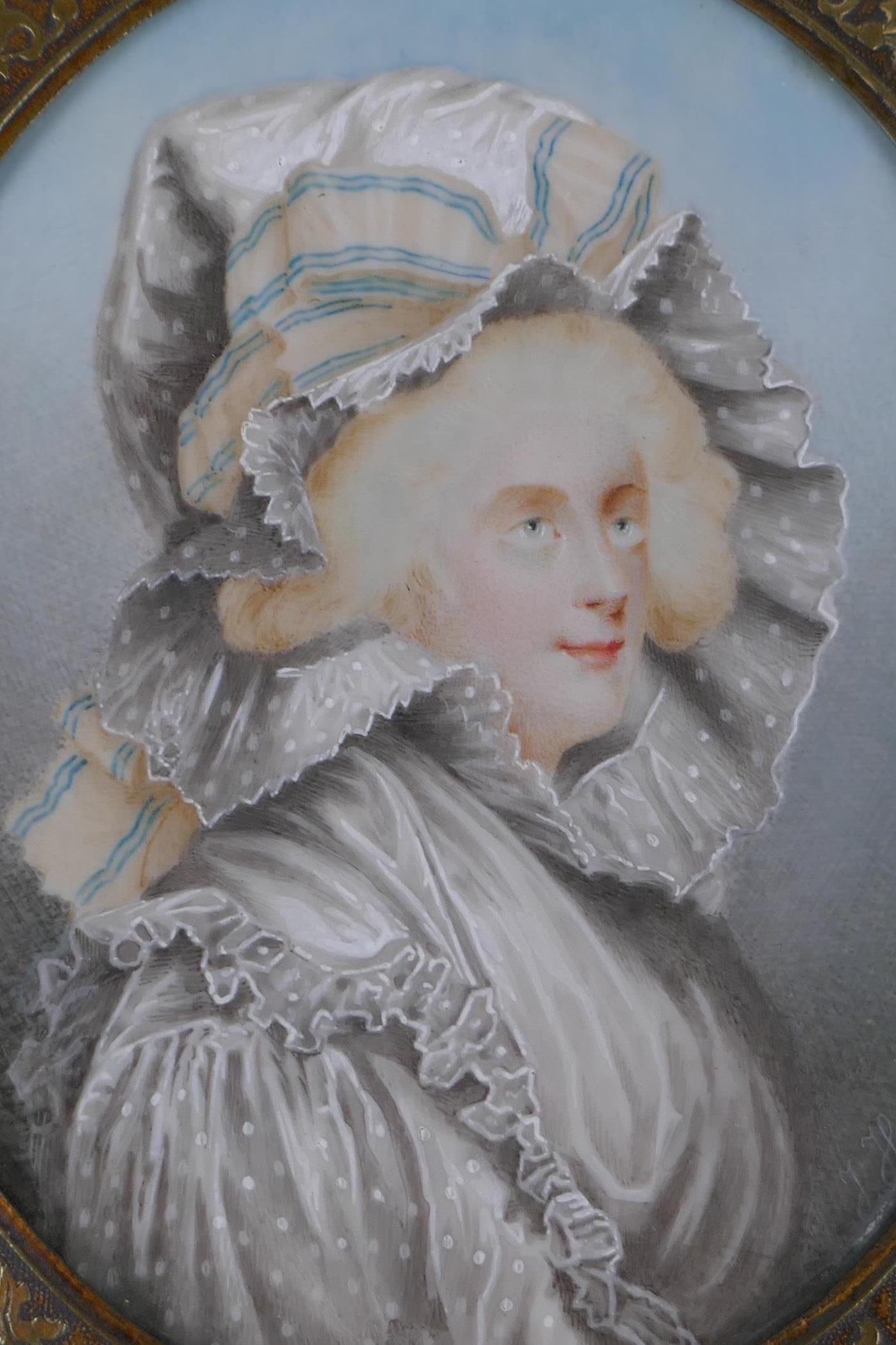 An early C19th miniature watercolour portrait of a lady in a rose metal pendant frame, with - Image 6 of 7