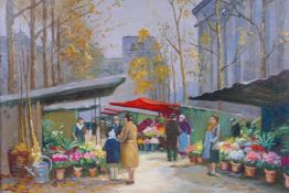 After Edouard Cortes, (French, 1882-1969), flower market at La Madeleine, oil on canvas laid on