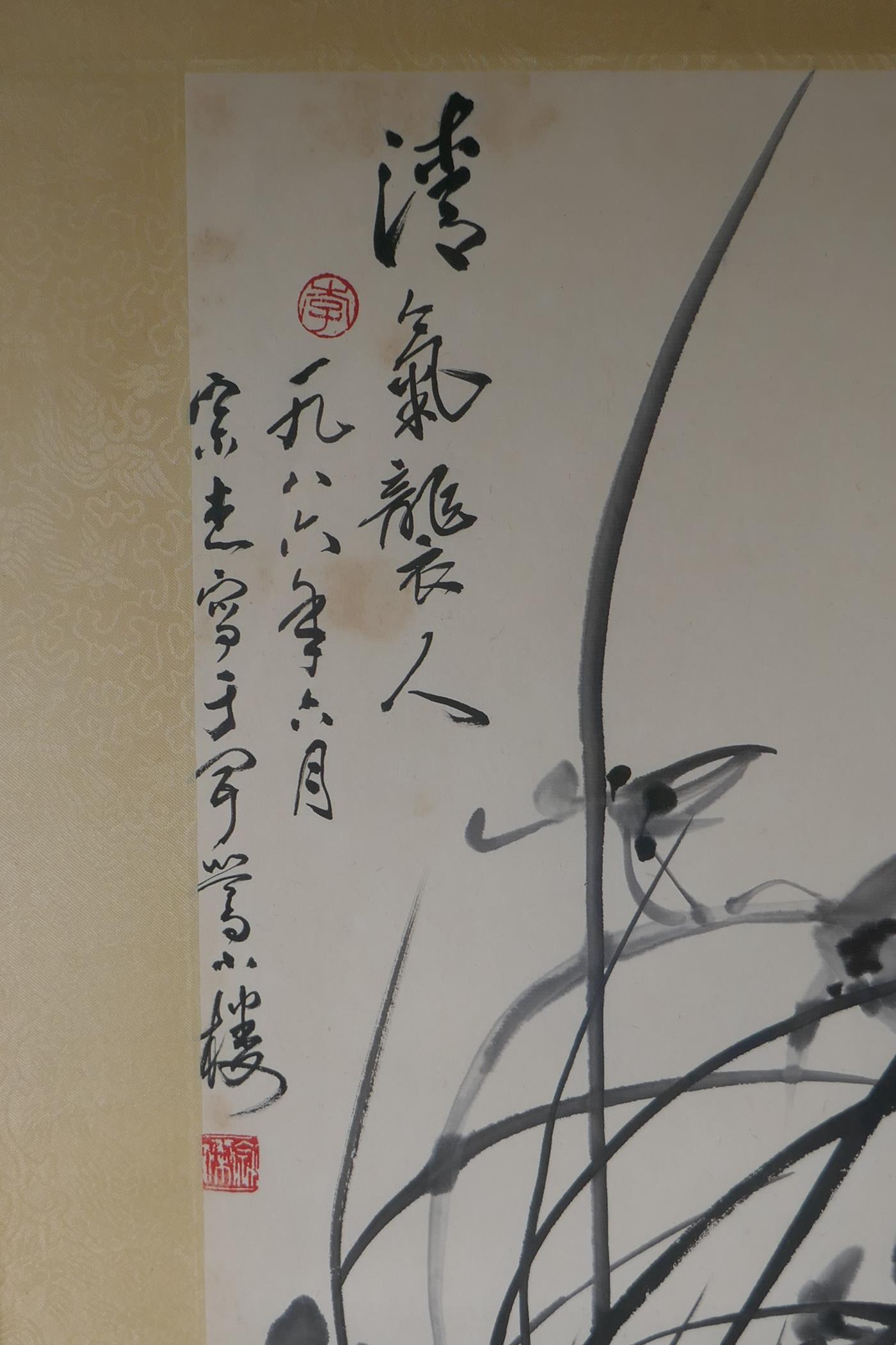 A Chinese monochrome watercolour of orchids and bamboo, signed, early C20th, 44 x 67cm - Image 3 of 6