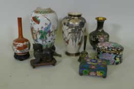 A C19th Chinese famille verte jar, Meiji Kutani spill vase, hardstone figure of a kylin and
