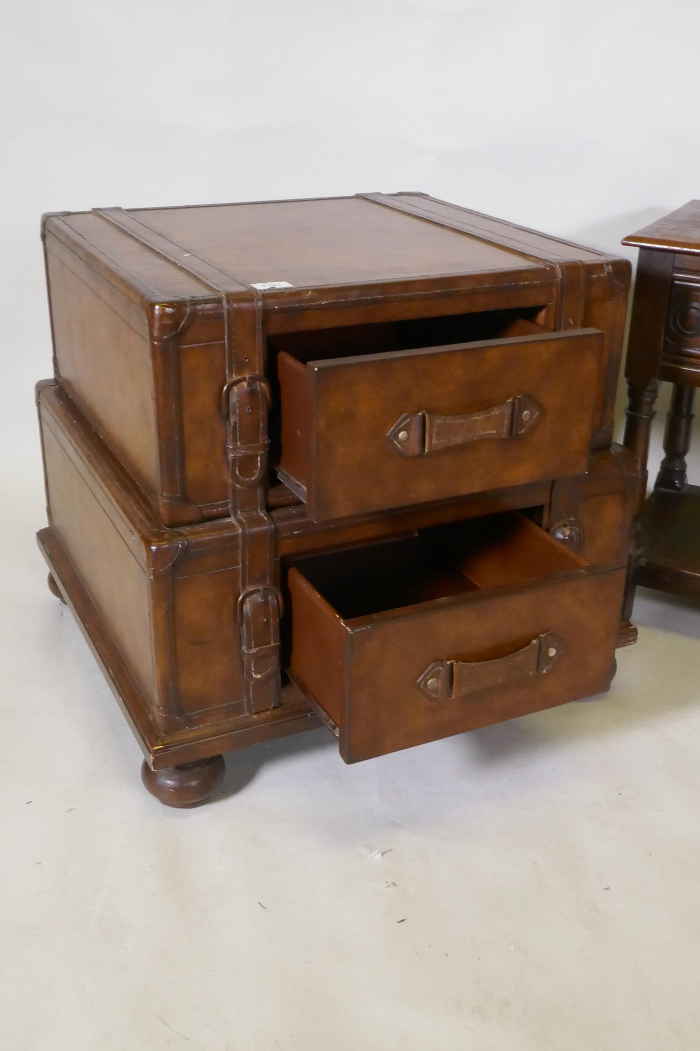 A leather two drawer chest in the form of suitcases, and an oak single drawer side table, 64 x 59cm, - Image 3 of 5