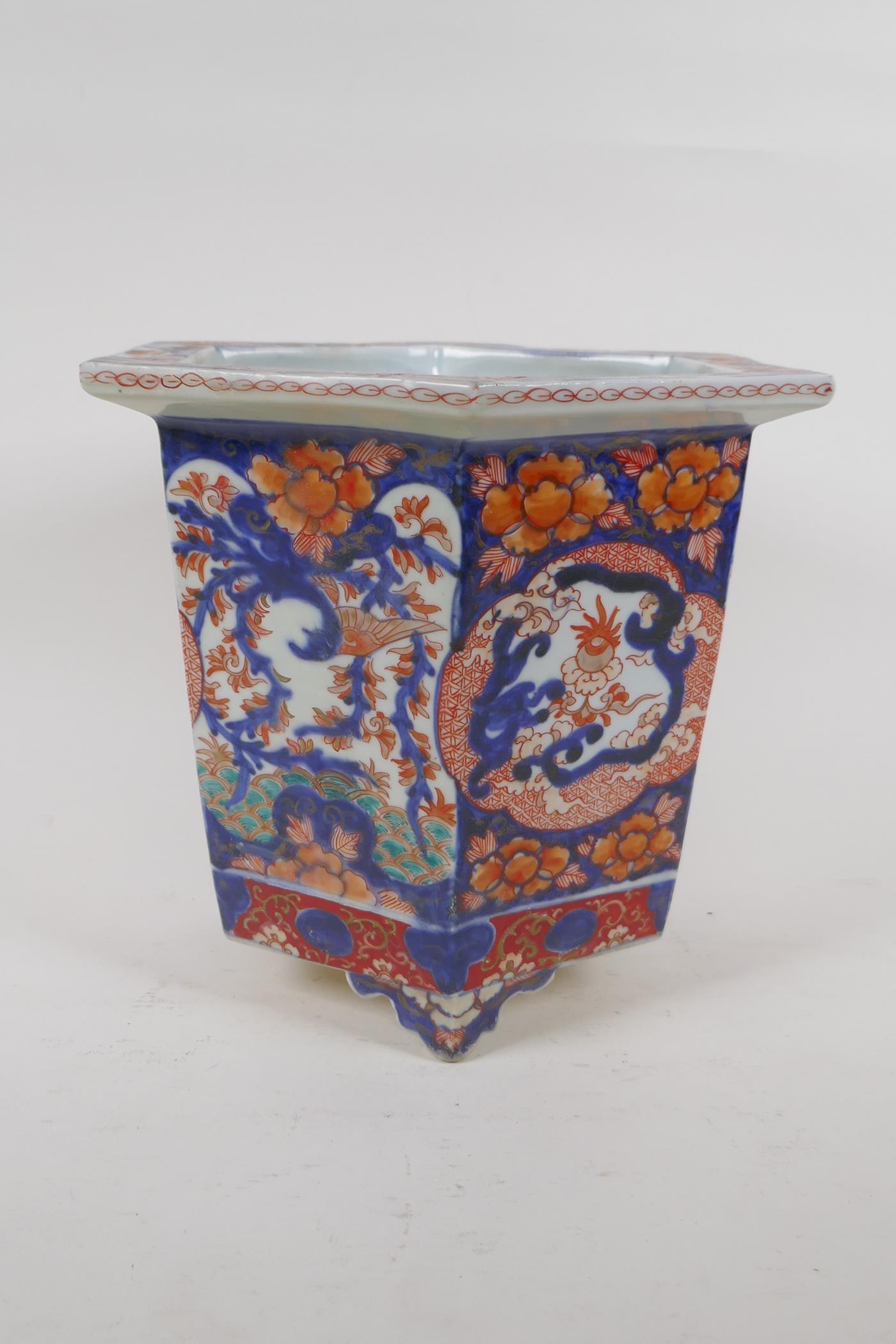 A C19th Chinese Imari porcelain planter of hexagonal form, with phoenix and floral decorative - Image 4 of 6