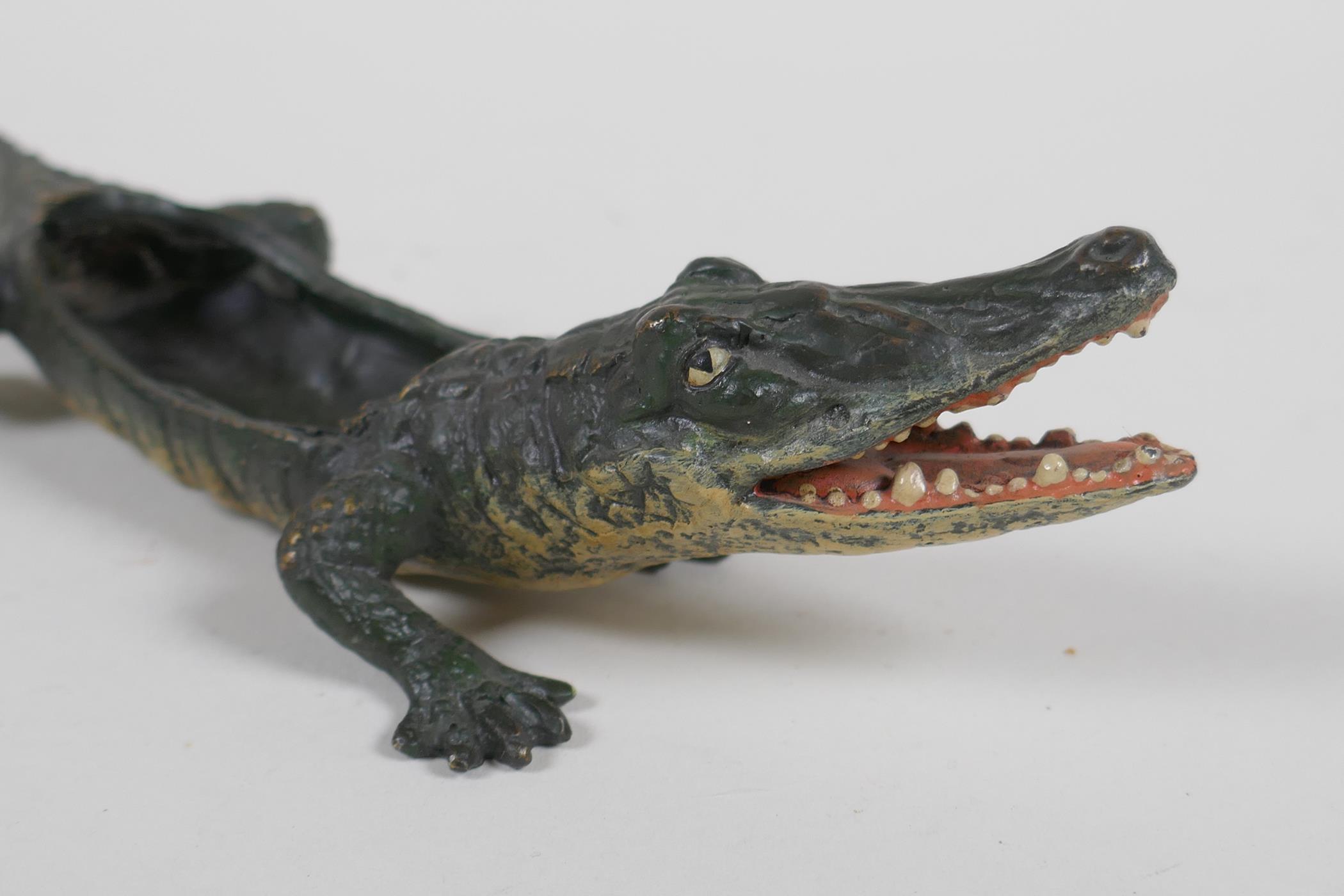 A cold painted bronze crocodile pin tray, in the manner of Bergmann, 22cm long - Image 3 of 5