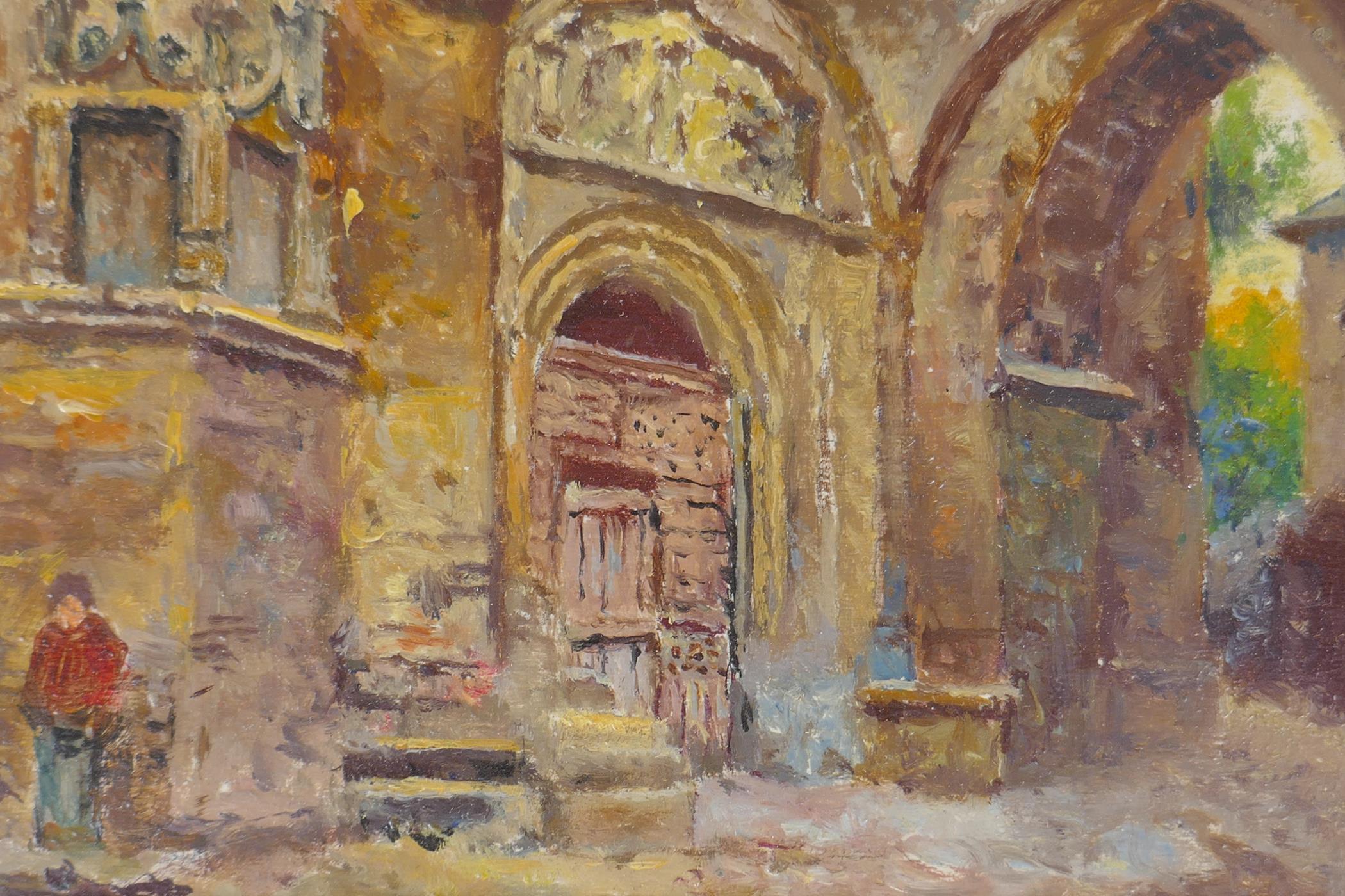Figure by a Gothic archway, and a study of a Continental town square, both indistinctly signed and - Image 2 of 5