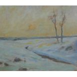 Snow covered winter landscape at moonrise, signed Pryn, oil on board, 31 x 36cm