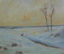 Snow covered winter landscape at moonrise, signed Pryn, oil on board, 31 x 36cm