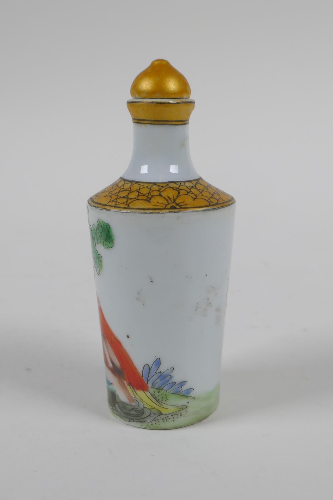 A Chinese polychrome porcelain snuff bottle, decorated with an erotic scene, 3 character mark to - Image 2 of 4