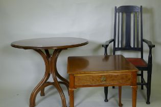 An American walnut single drawer side table, 60 x 60 x 62cm, a Bentwood conservatory table and an