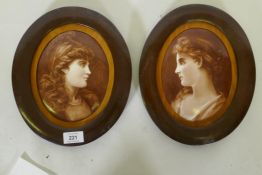 Pair of C19th hand painted porcelain plaques, in mahogany frames, signed, 28cm long