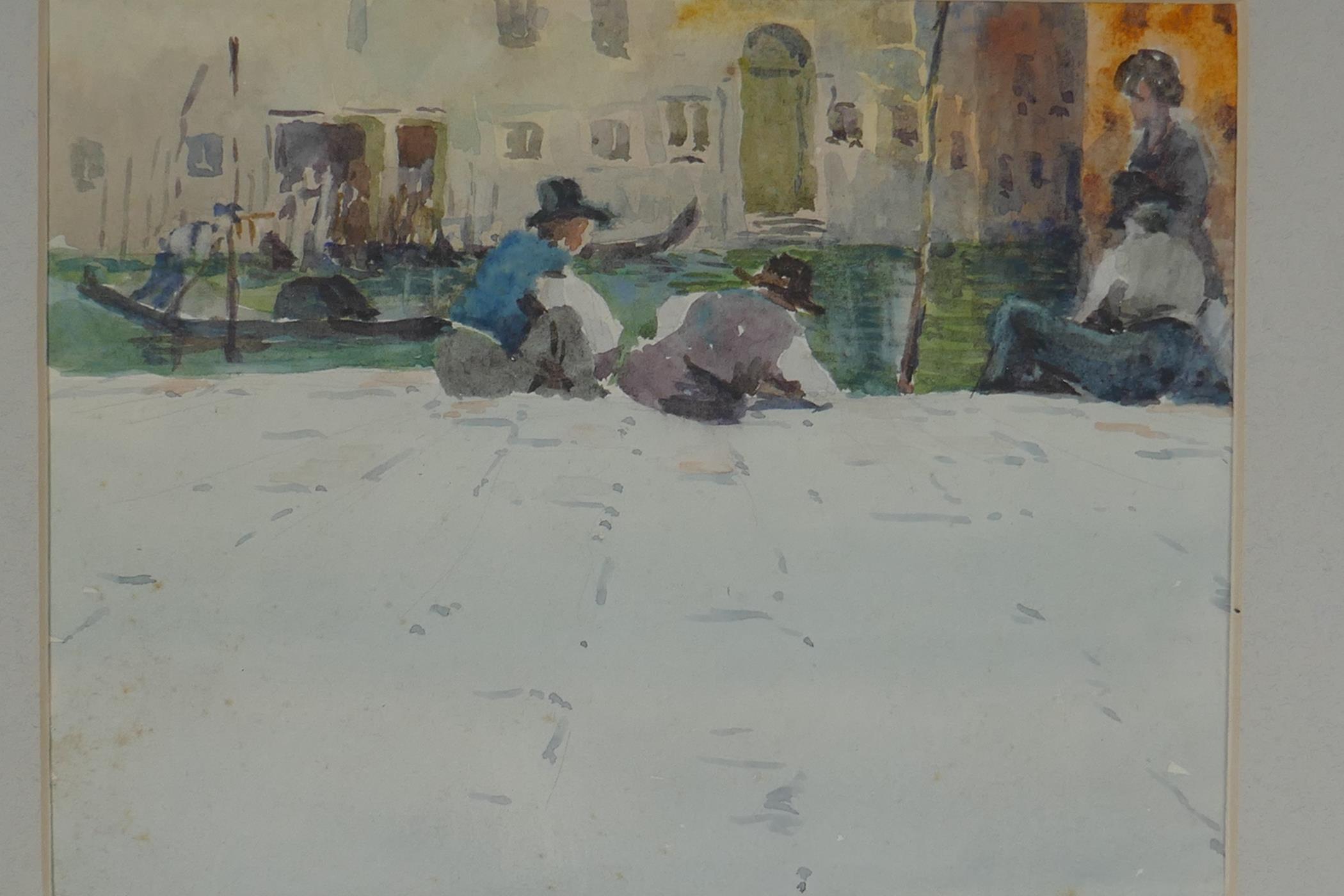 E.M. Synge, (British, 1860-1913), figures on a Venetian canal, watercolour circa 1900, and a C19th - Image 2 of 6