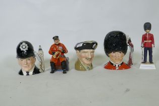 Doulton figure, Past Times, three mask jugs, and a Goebel figure of a guardsman